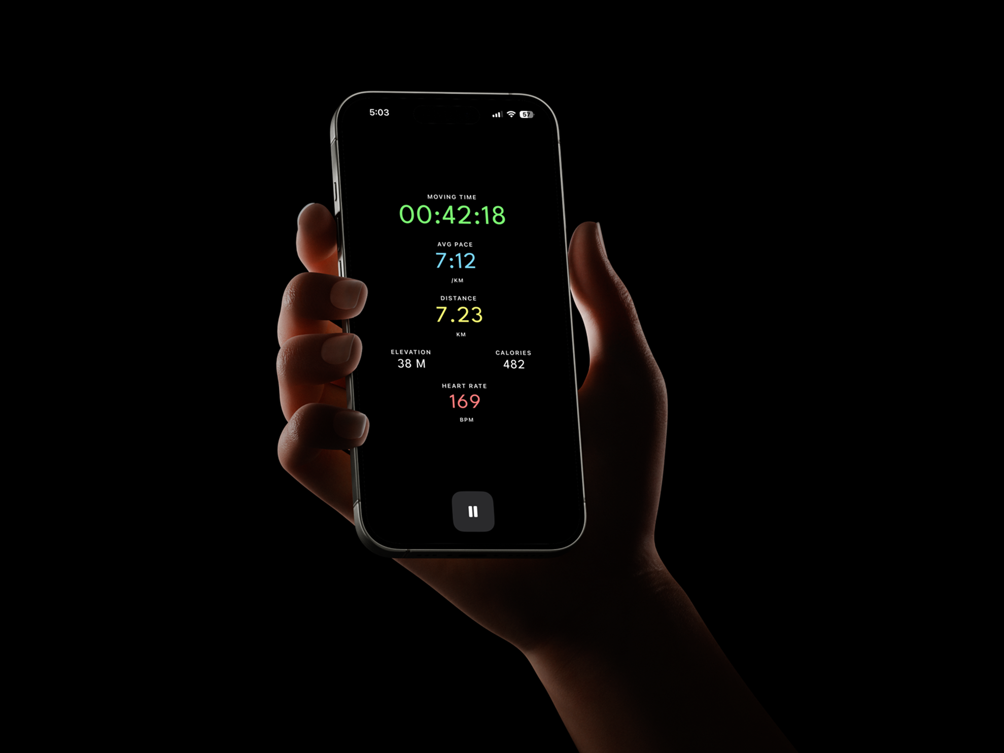 Hand holding a phone displaying a running and fitness tracking app