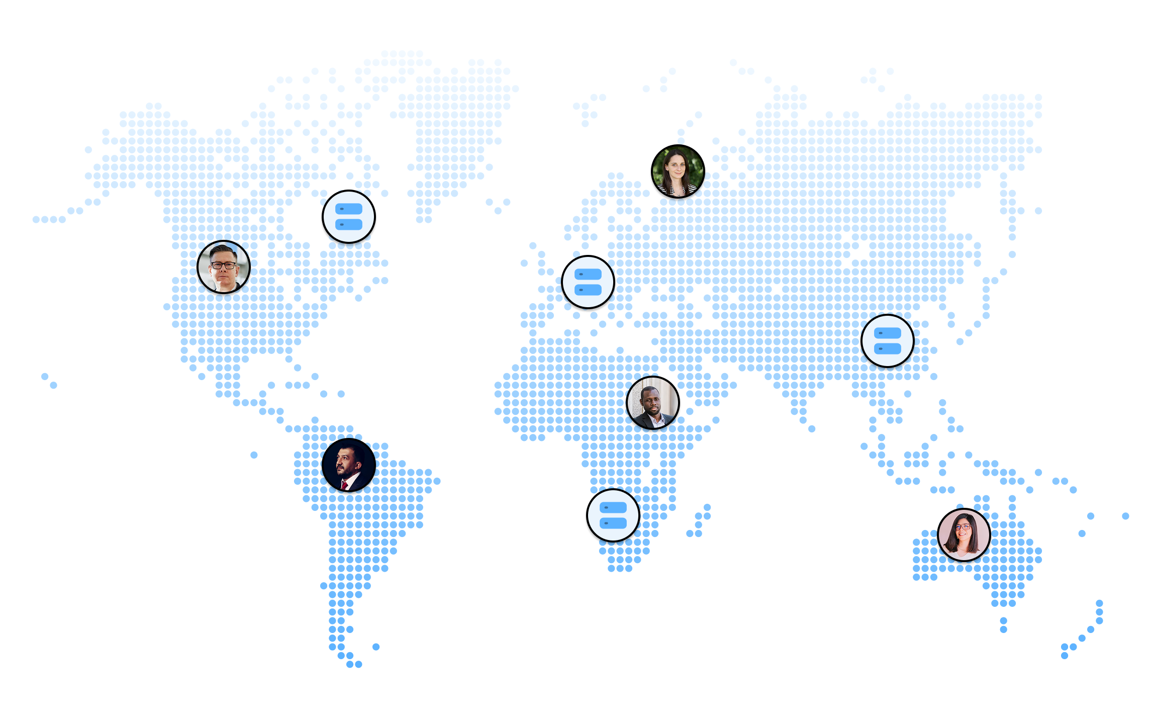 World map with server and team icons showing a global hosting network
