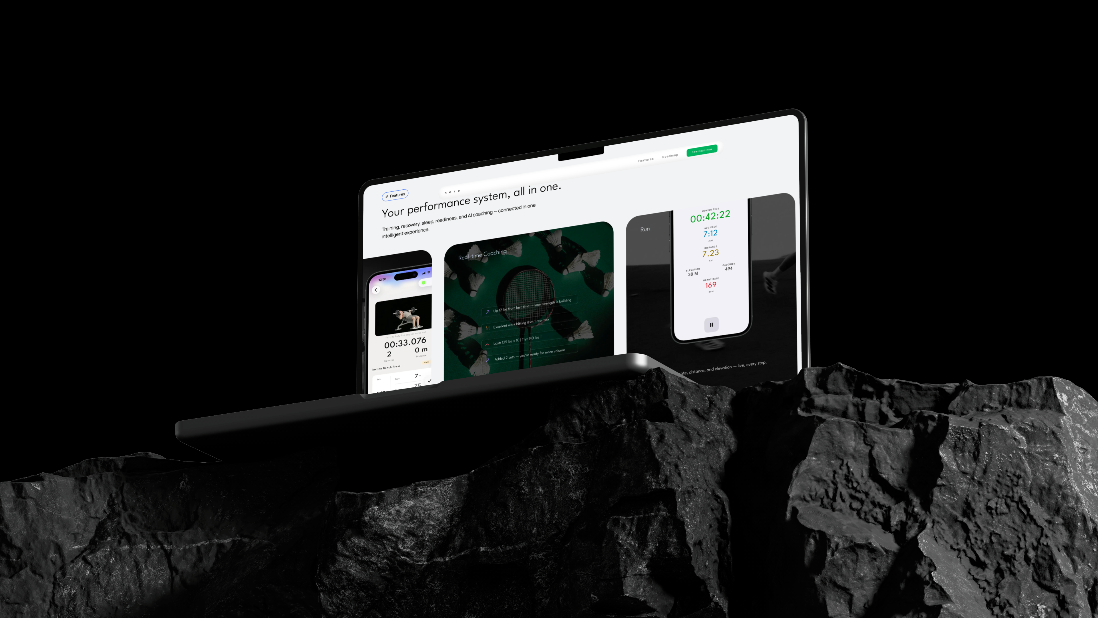 Laptop on stone showing a performance and training app website mockup
