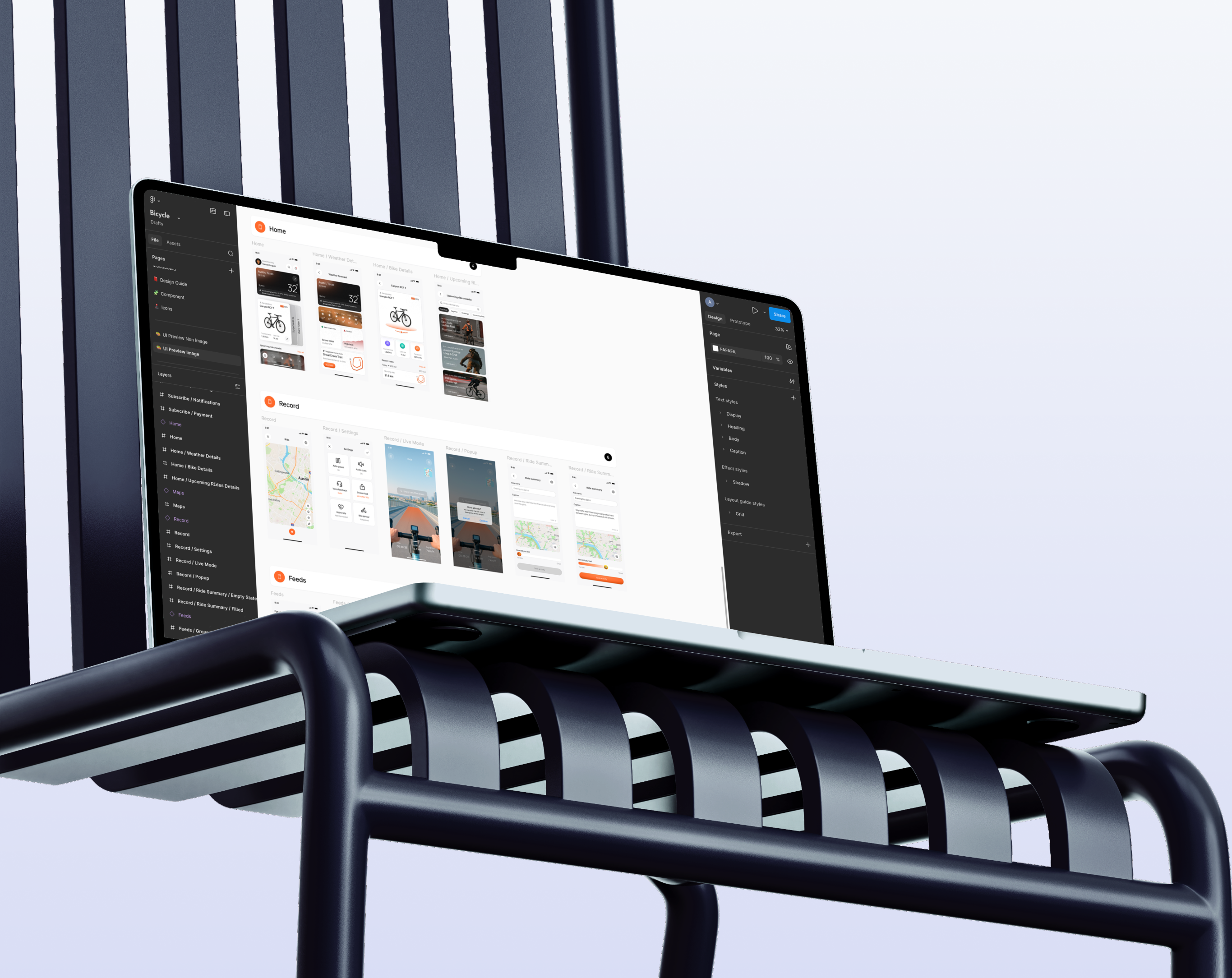 MacBook mockup showing Figma mobile app screens for a custom software project