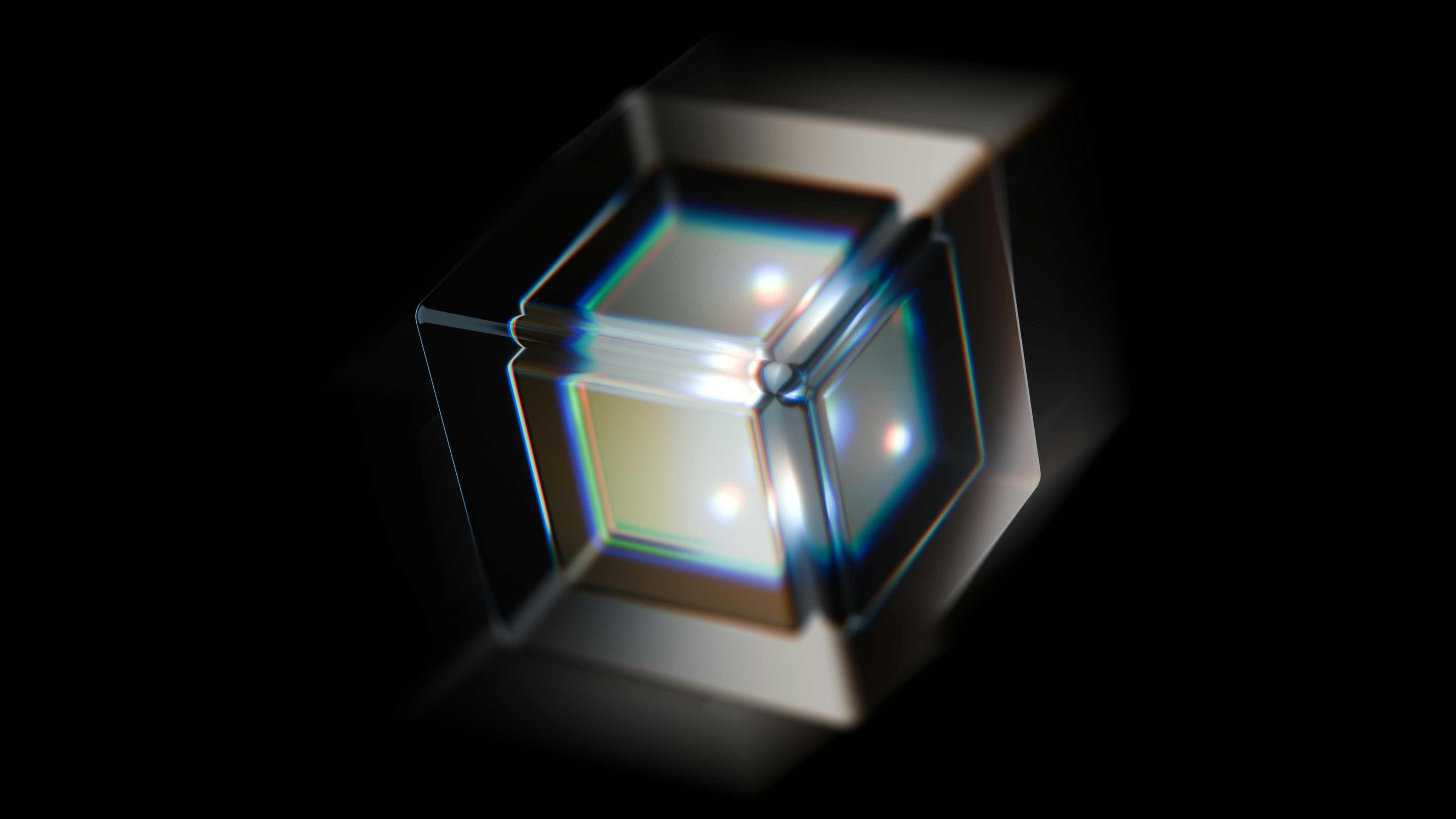 Glowing glass cube with prismatic light refractions on a dark background